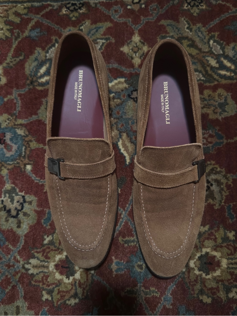 Bruno Magli Chestnut Suede Slip-On Loafers with Buckle